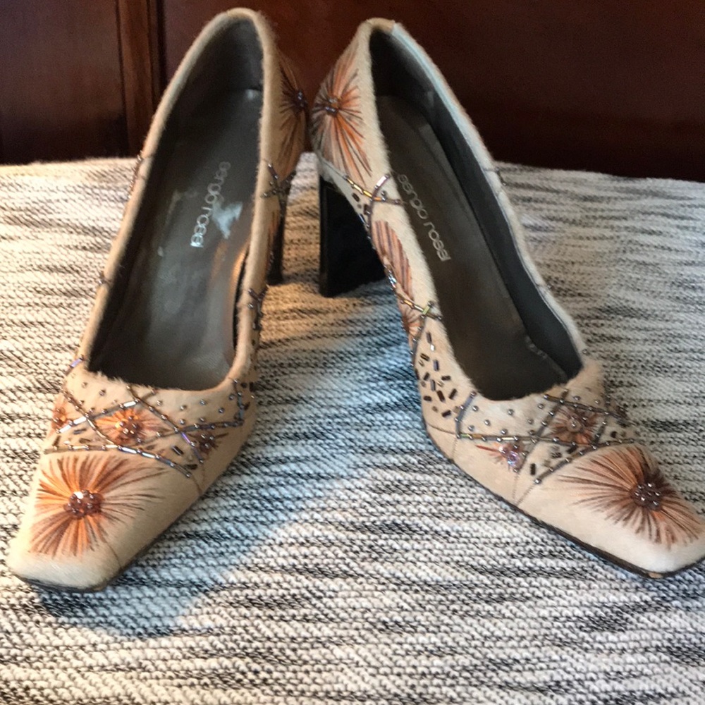Sergio Rossi fur embroidered/beaded pumps
